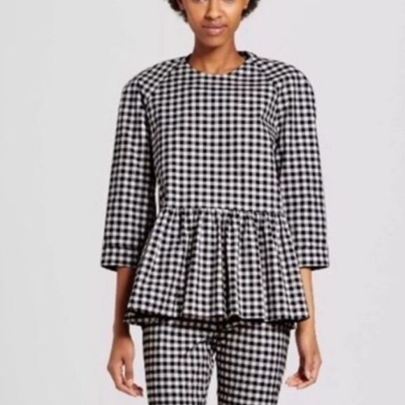 Victoria Beckham for Target Navy Blue and White Gingham Peplum Blouse. Size S - Picture 1 of 13